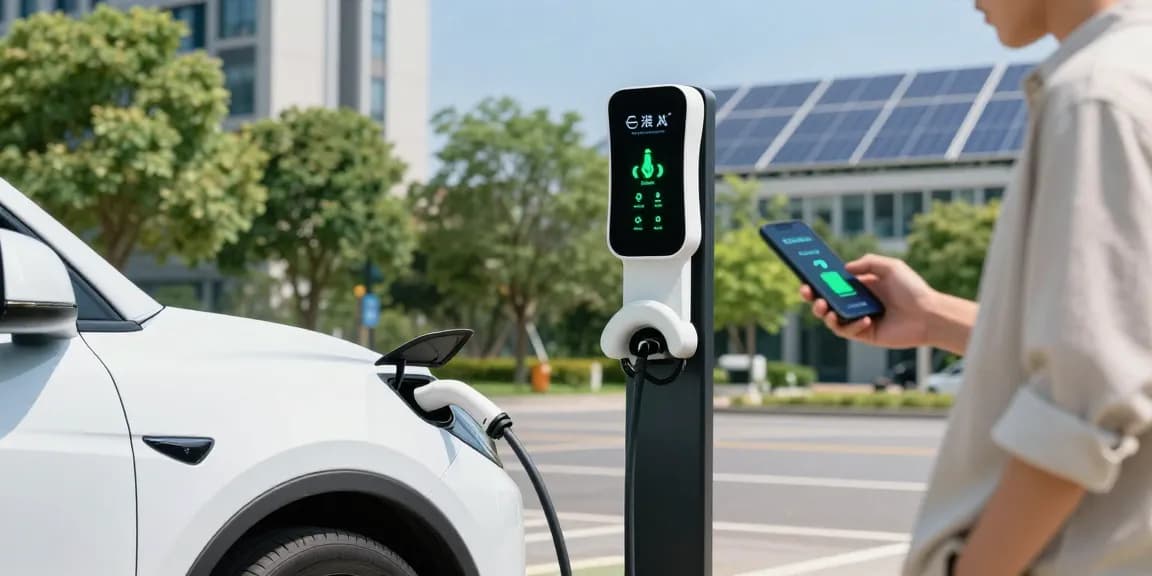Engaging scene of EV technology highlighted with a modern electric vehicle charging in an urban setting, showcasing innovation and sustainability.