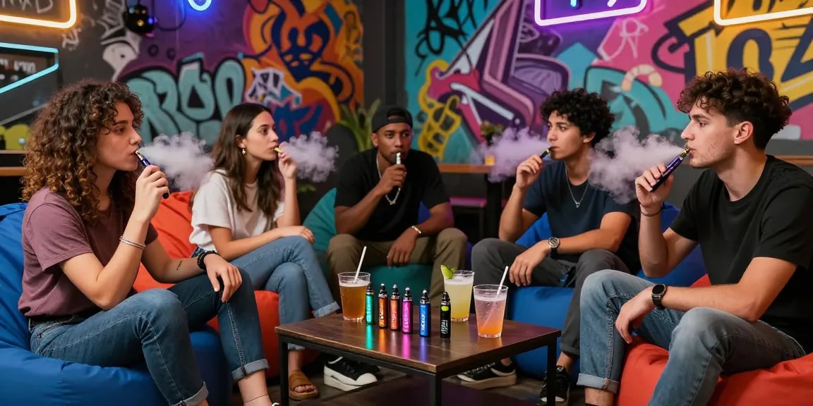 Friends enjoying THC vape pens in a colorful urban lounge setting, showcasing a vibrant cannabis culture.