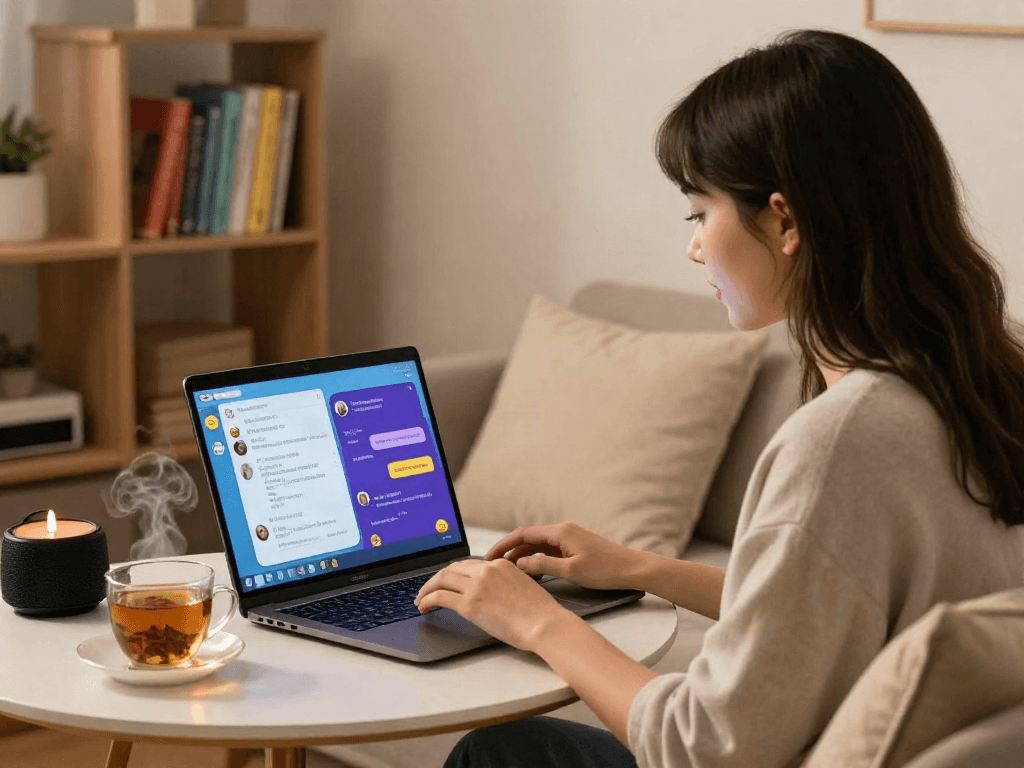 Young woman enjoying an engaging nsfw ai chat on her laptop in a cozy room, reflecting modern aesthetics.