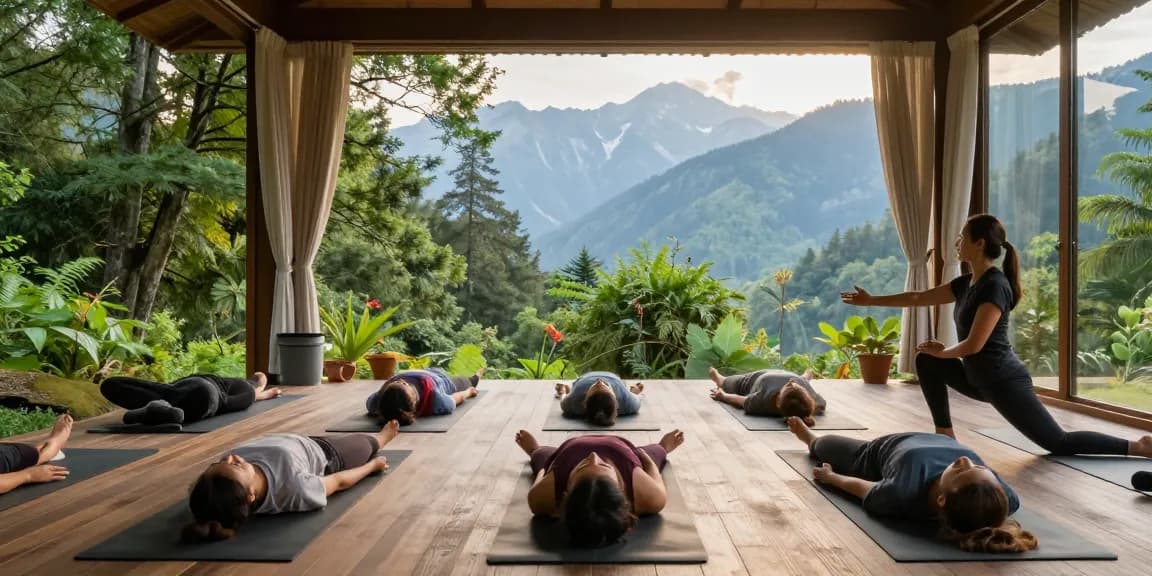 Engaged students in 300 hour yoga teacher training in India practicing asanas in a serene forest-view yoga shala.