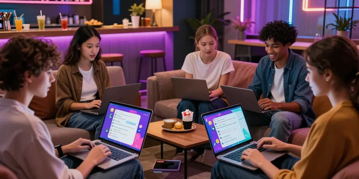 Interactive gathering showcasing diverse individuals engaging with 18+ ai chat applications, set in a vibrant workspace.