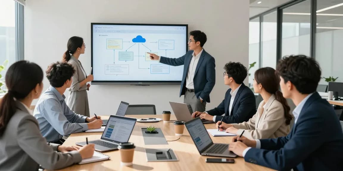 Team discussing cloud phone system strategies in a modern office.