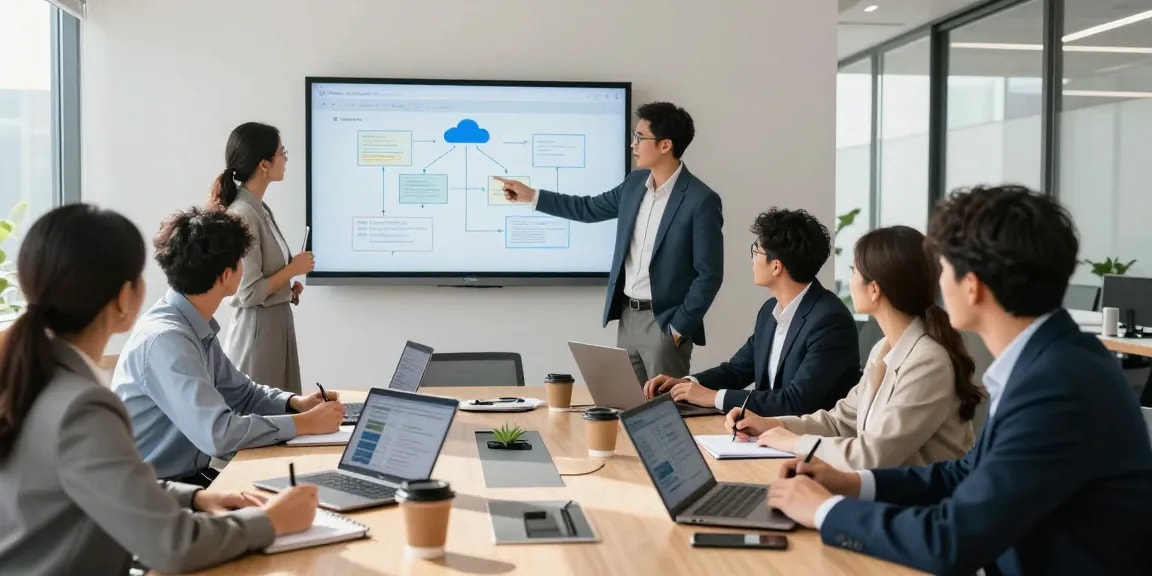 Team discussing cloud phone system strategies in a modern office.