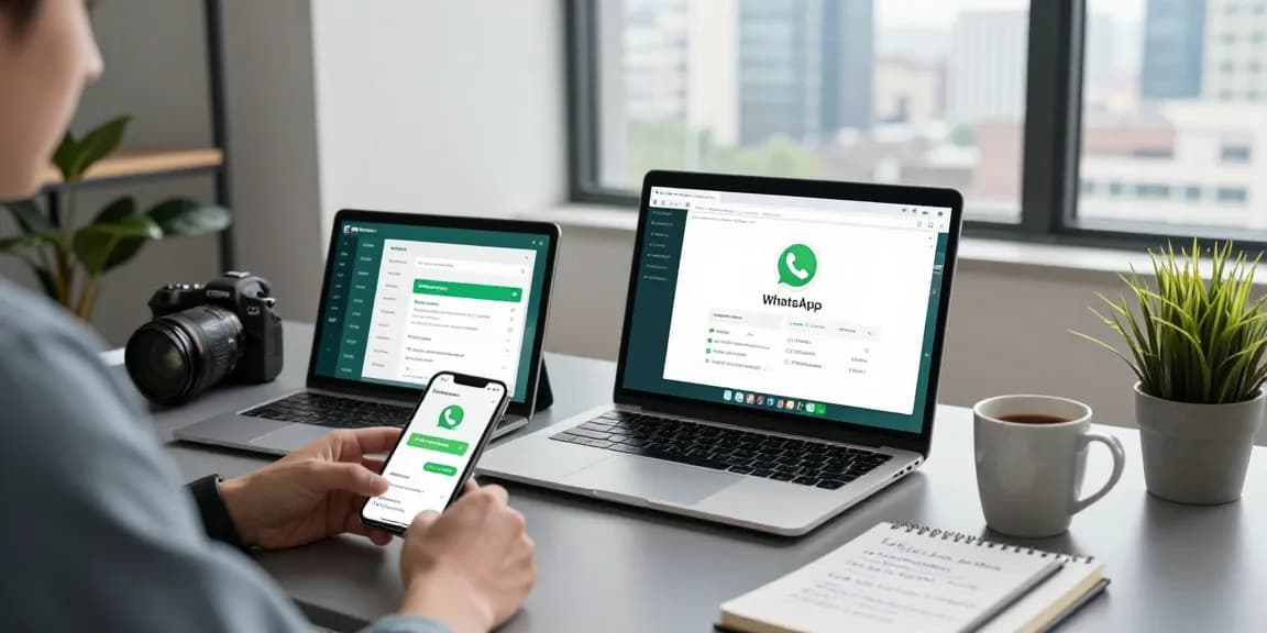Professional workspace scene showcasing WhatsApp下載 features on multiple devices, emphasizing a modern tech environment.