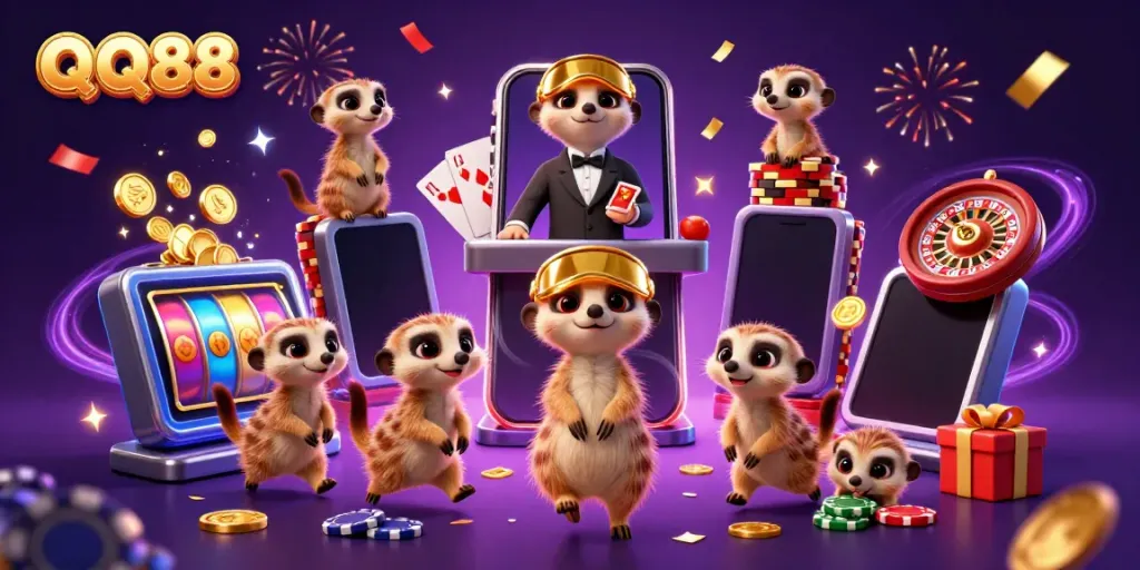 Experience thrilling gaming at QQ88's vibrant casino, with meerkats in a dynamic card game scene.