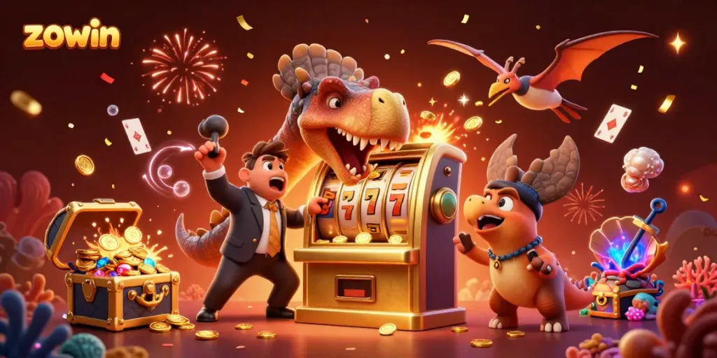 Zowin jackpot scene featuring a dinosaur character interacting with a slot machine, capturing attention and excitement at a casino.