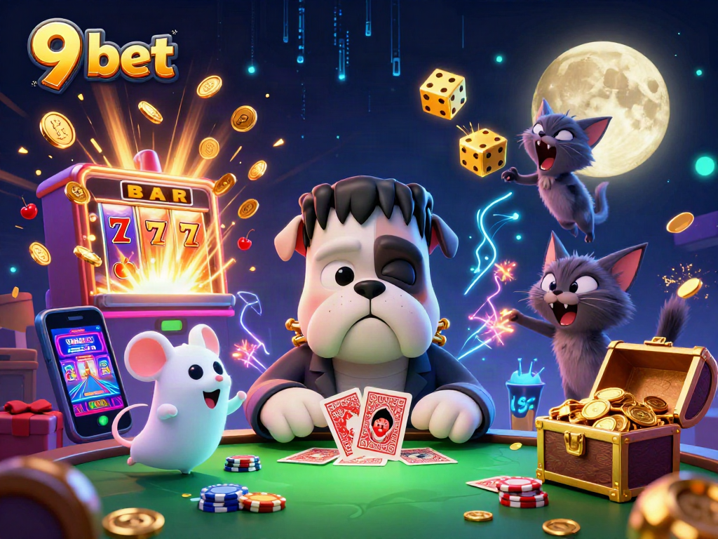 Experience thrilling gambling action with 9 bet in a vibrant 3D casino scene featuring a bulldog dealer and jackpot elements.