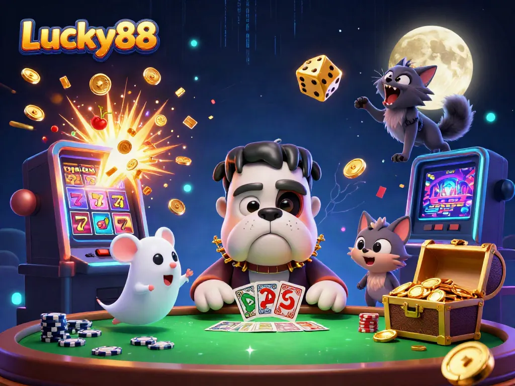 Engaging scene of Lucky88 with a Frankenstein bulldog and a werewolf kitten enjoying a thrilling casino atmosphere.