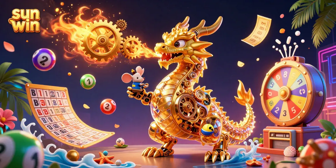 Experience thrilling wins with sun win's vibrant illustration featuring a golden dragon and exciting lottery elements.