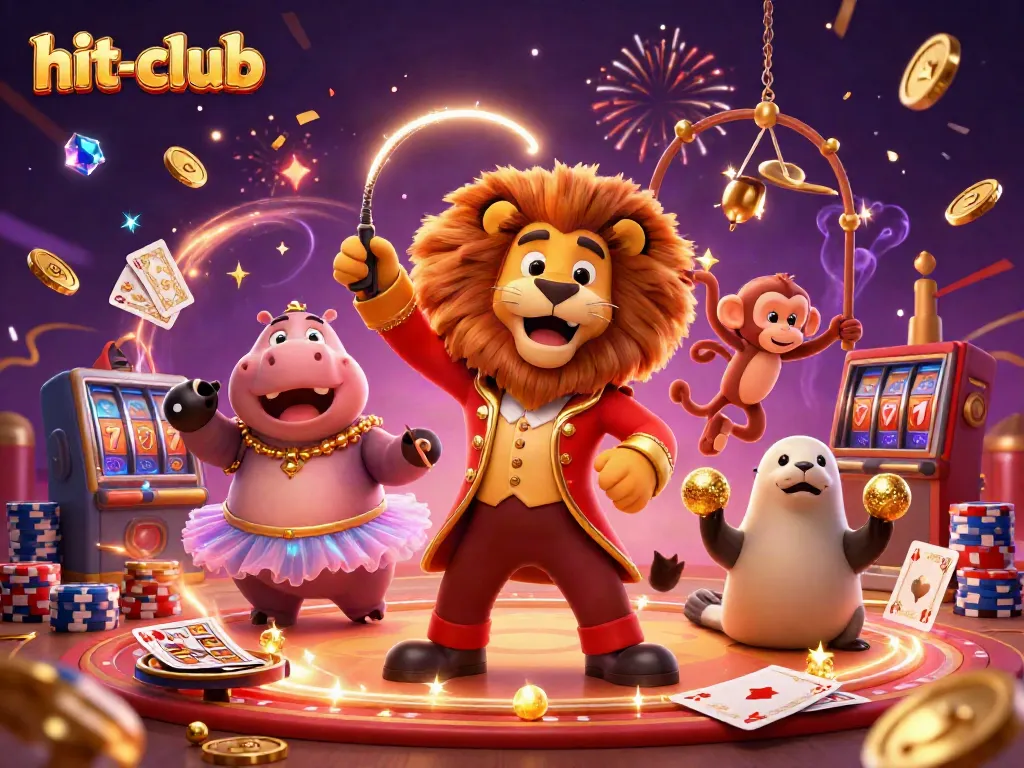 Engage in the exciting world of hit-club with a lively 3D casino scene featuring colorful characters and dynamic game elements.