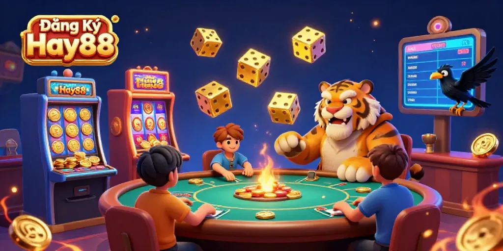 Experience the thrill of Đăng Ký Hay88 with exciting 3D casino visuals filled with vibrant game elements.