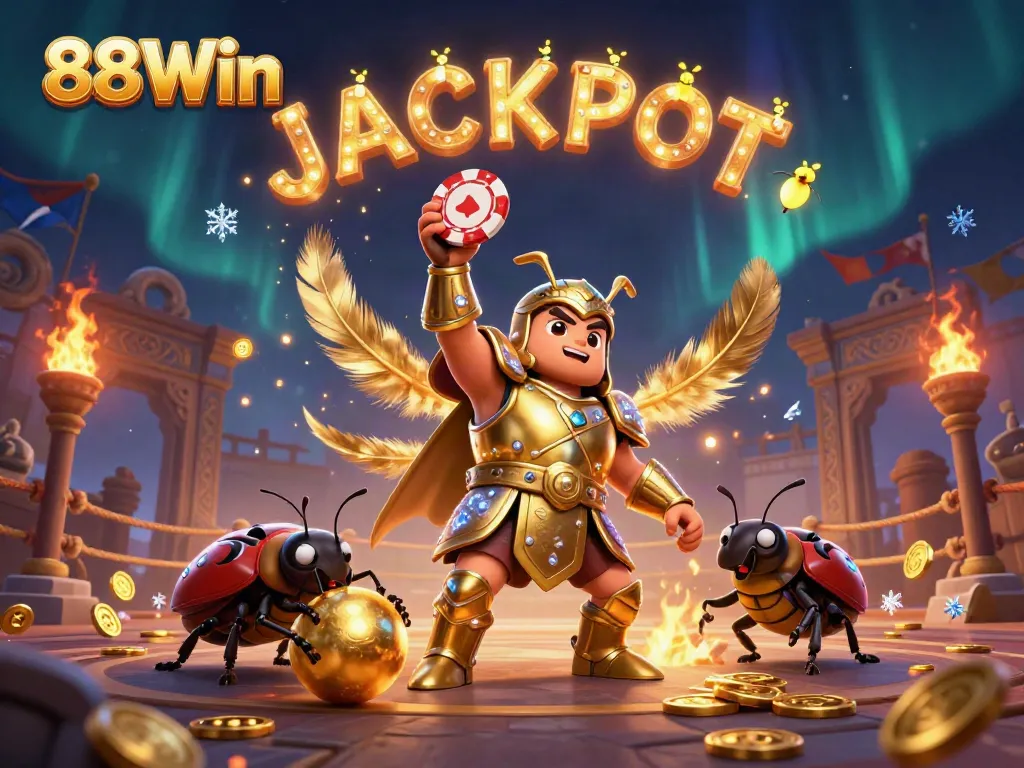 Experience thrilling wins at 88Win with a heroic beetle champion lifting poker chips amid celebratory elements.