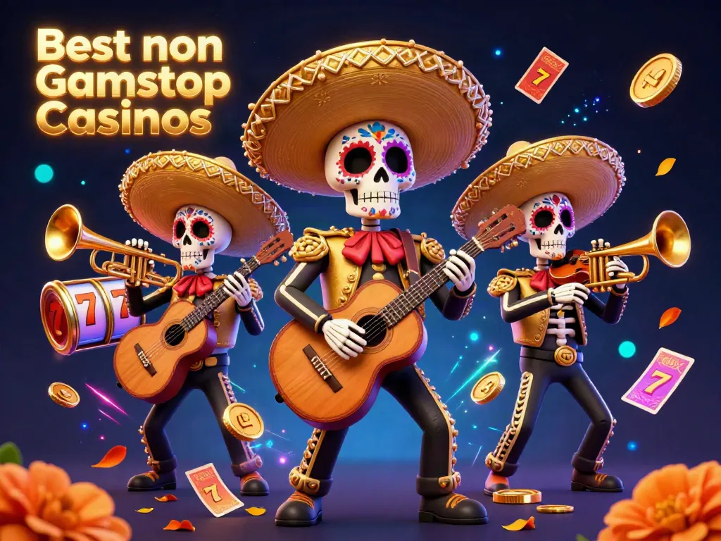 The dynamic scene showcases the Best non Gamstop Casinos with lively mariachi skeletons and vibrant gaming elements.