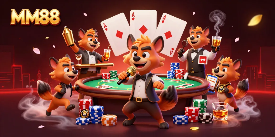 MM88 hyenas hosting a vibrant comedy casino scene with poker elements and dynamic characters.