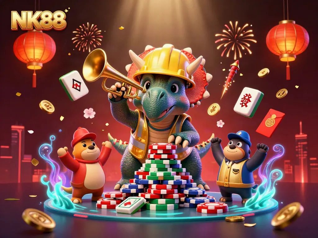 Experience dynamic action with NK88 as a triceratops builds poker chip towers in a festive casino scene.