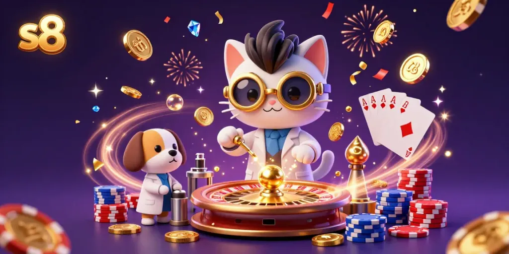 S8 players enjoy a vibrant casino scene with golden coins and exciting games.