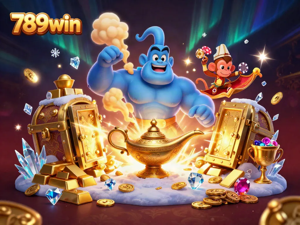Engage in thrilling gameplay at 789win with a rich 3D scene featuring a magical genie and treasure.