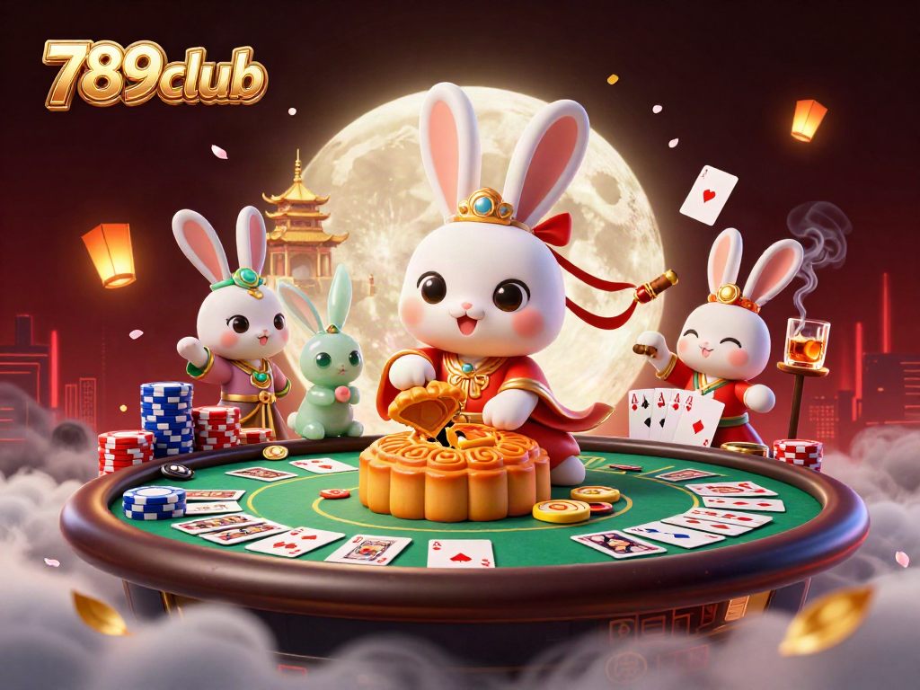 Experience high-stakes poker fun with 789club's vibrant 3D moon rabbit scene.