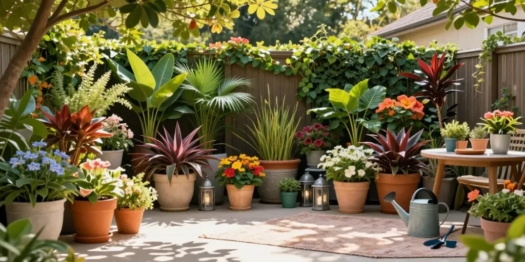 Extra large plant pots filled with vibrant tropical plants in a sunlit garden setting.