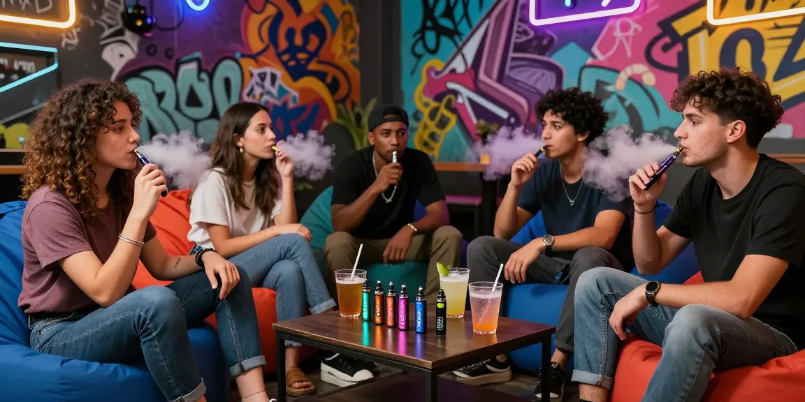 Friends enjoying THC vape pens in a colorful urban lounge setting, showcasing a vibrant cannabis culture.