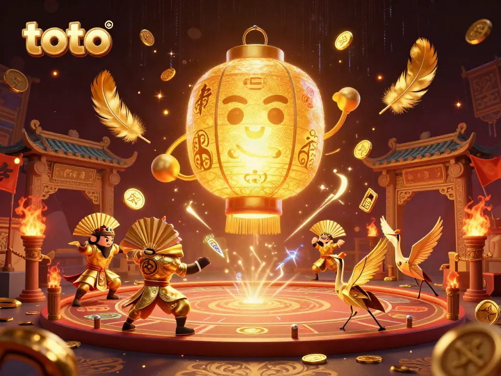 Experience exciting toto gameplay with a magical lantern spirit and paper fan warriors in a vibrant casino.