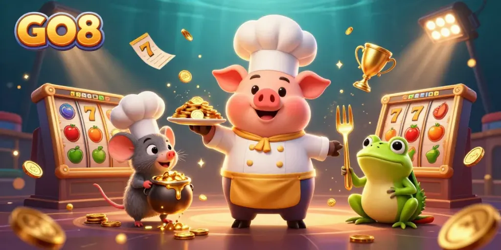 Experience the thrill of GO8 casino with gold coins and lively gaming characters.