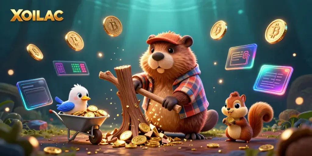 Experience the excitement of XOILAC with golden coins raining down as the beaver and friends engage in their thrilling gambling adventure.
