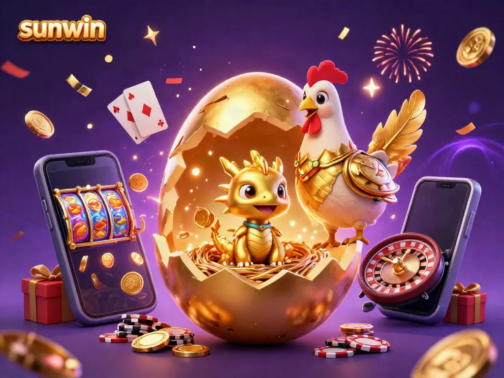The sunwin platform showcases thrilling casino adventures, featuring a golden dragon and vibrant gaming elements.