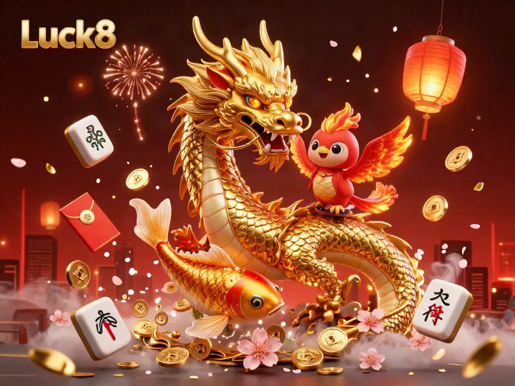 Experience Luck8 with a vibrant 3D scene featuring a golden dragon, koi fish, and gaming elements.