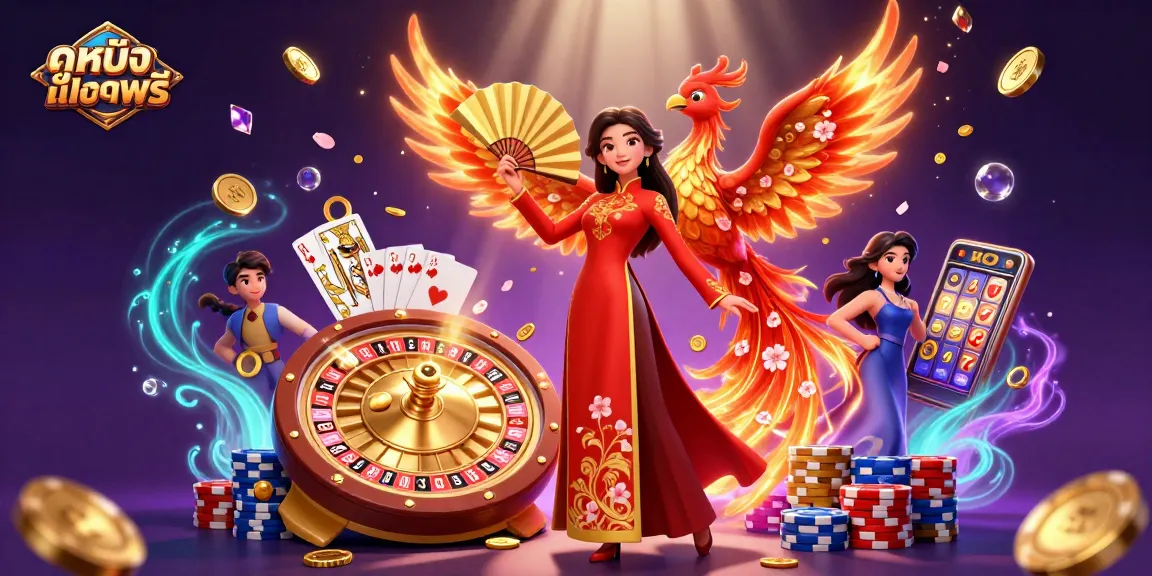 Engaging scene illustrating ดูหนังออนไลน์ฟรี with a graceful woman in ao dai, coins, and casino elements.