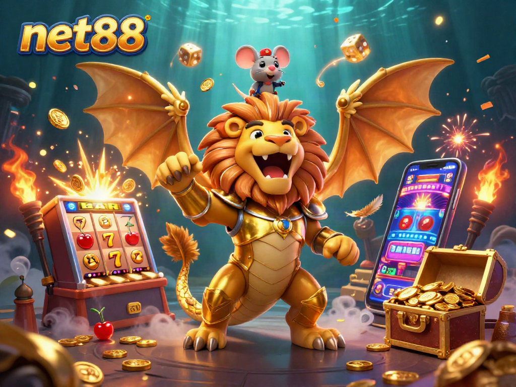 Experience thrilling wins with net88 in this vibrant 3D casino-themed illustration.