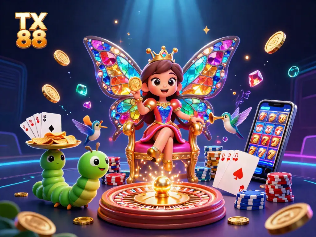 Engage in vibrant casino thrills with TX 88's rich gaming atmosphere featuring roulette, chips, and lucky 7s.