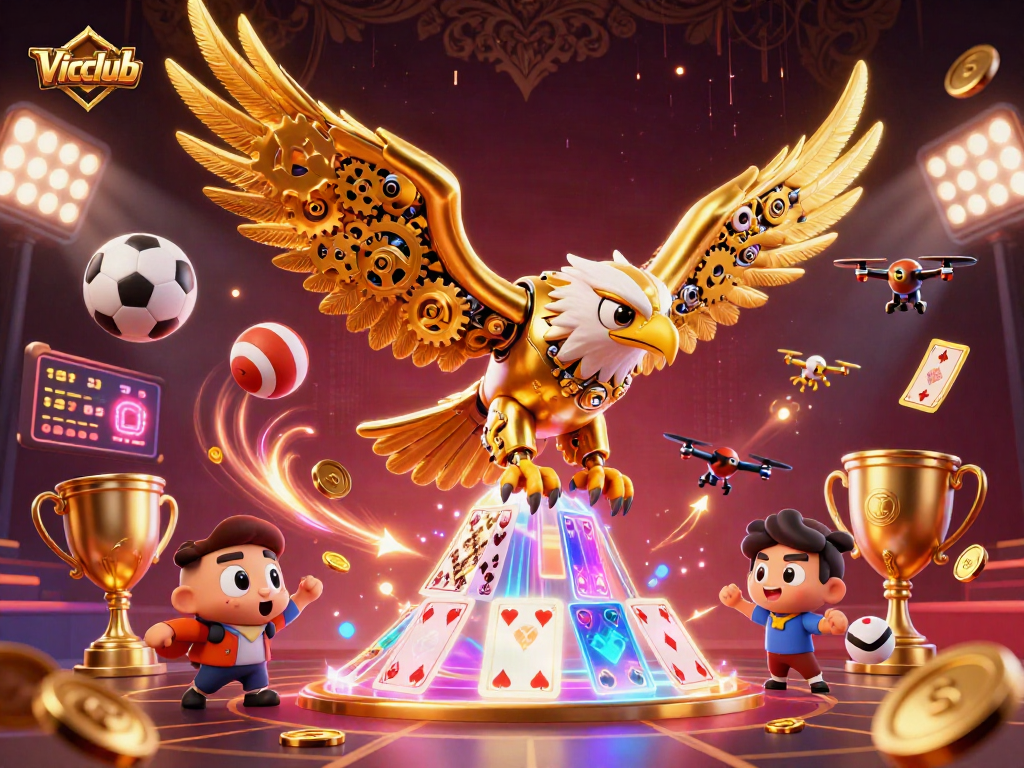 Vicclub showcases a dynamic 3D cybernetic eagle amidst flying sports elements in an engaging casino scene.