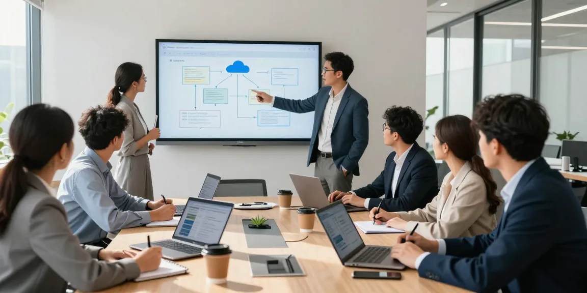 Team discussing cloud phone system strategies in a modern office.