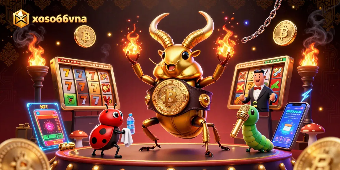 xoso66vna showcases a captivating gambling scene with a giant stag beetle champion and casino elements.