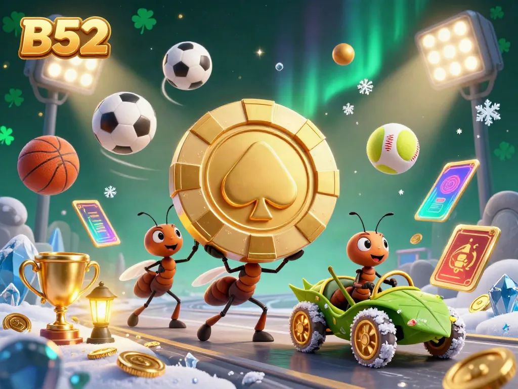 Cartoon ants celebrate B52's lavish casino offerings, carrying a golden poker chip amidst energetic sports-themed elements.