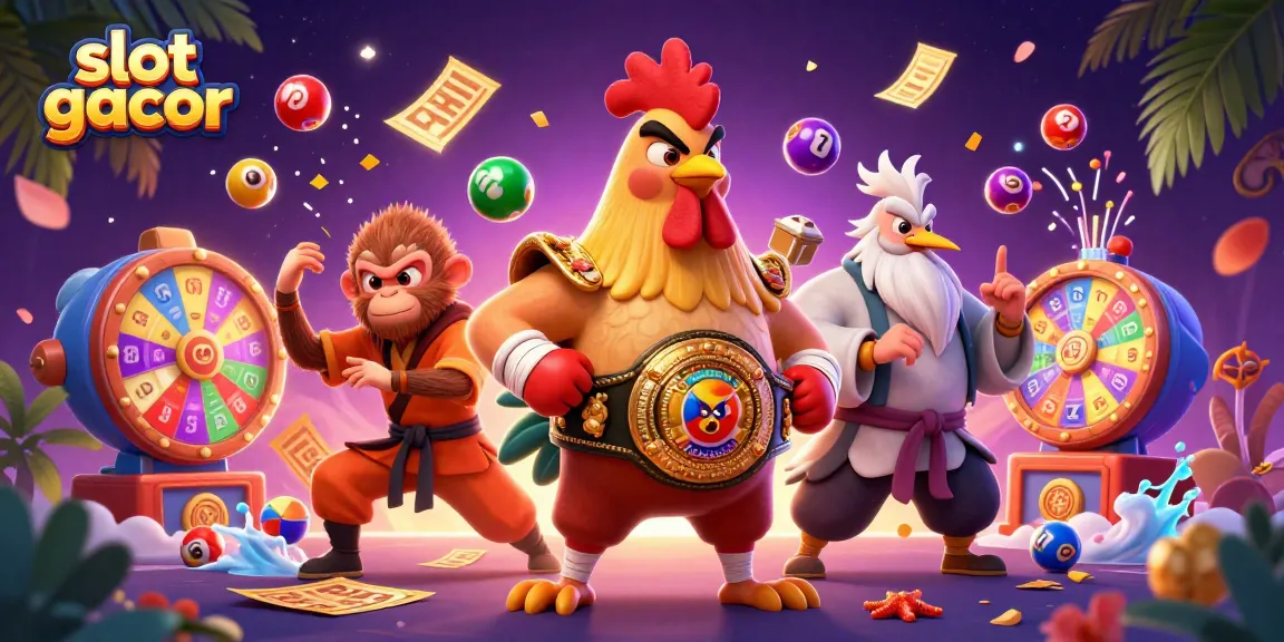 Engage with dynamic slot gacor action featuring colorful characters and lottery elements in a rich casino scene.