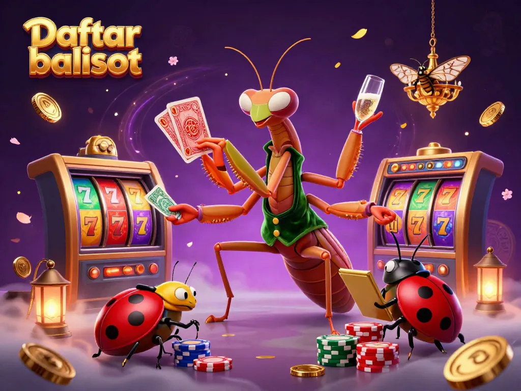Experience winning with Daftar balisot as the praying mantis dealer shuffles cards amidst vibrant slot game elements.