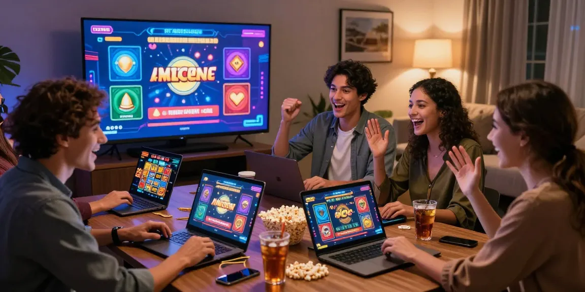 Group enjoying online gaming together at the best online casinos in a cozy atmosphere, with vibrant screens and festive elements.