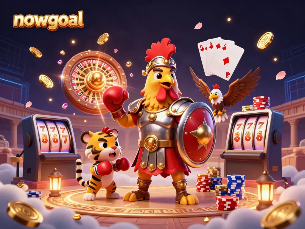 Nowgoal elevates your betting with vibrant 3D visuals of a rooster warrior amid cascading coins, enhancing your gaming experience.