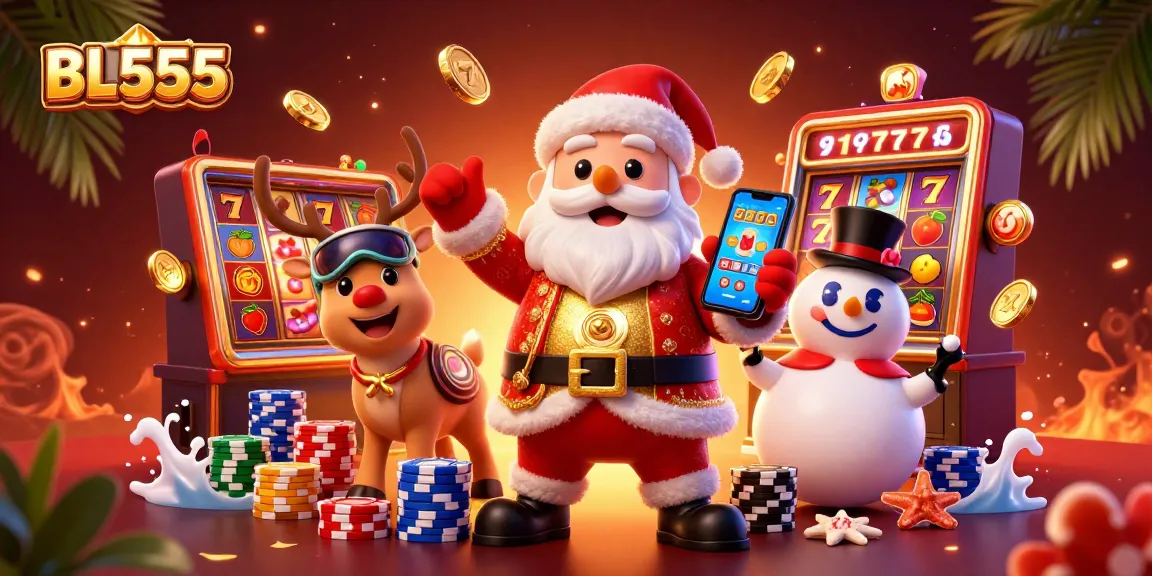 Experience the thrill of gaming with BL555’s vibrant casino scene featuring festive characters and slots.