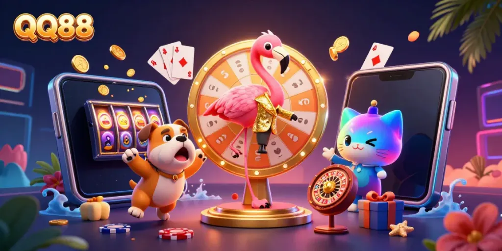 Experience the excitement of QQ88 with vibrant casino elements in a 3D illustration.
