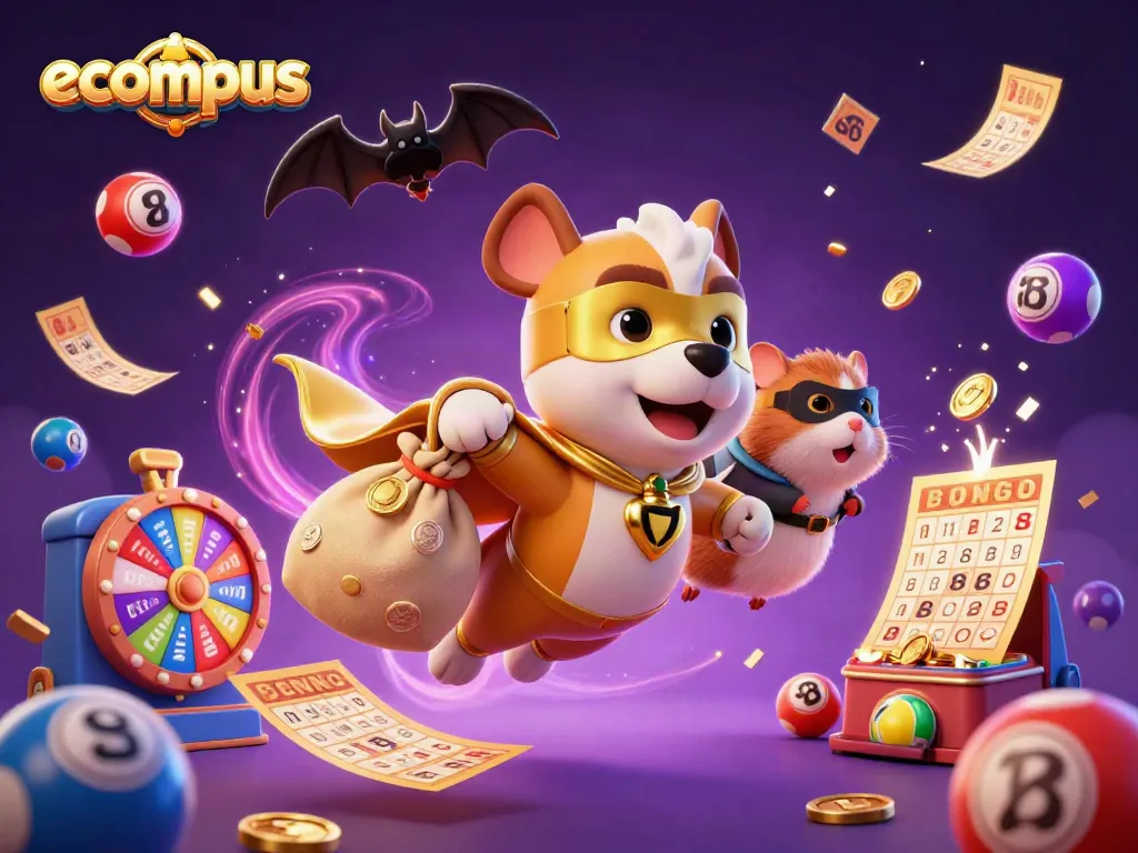 Engage in thrilling gameplay with ecompus, featuring vibrant lottery balls and a superhero dog soaring.