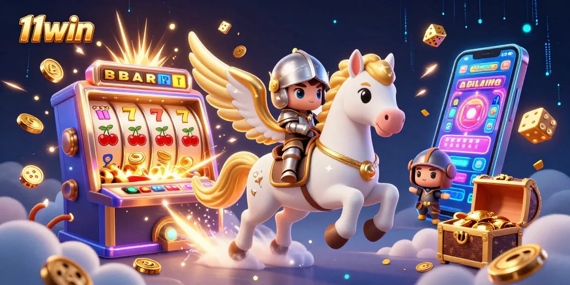Experience excitement with 11win, featuring a knight riding a celestial horse amidst casino wins.