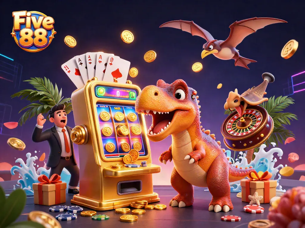 Five 88 highlights a pachycephalosaurus activating a golden slot machine amid flying coins and vibrant casino elements.
