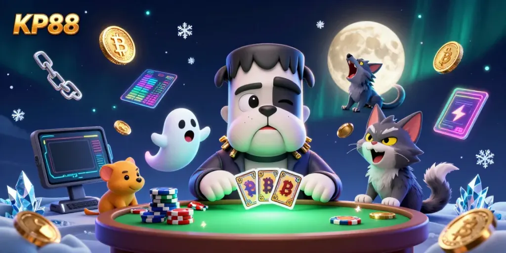 KP88 features a lively 3D cartoon scene of a bulldog dealer with a ghost and kitten, surrounded by crypto coins.