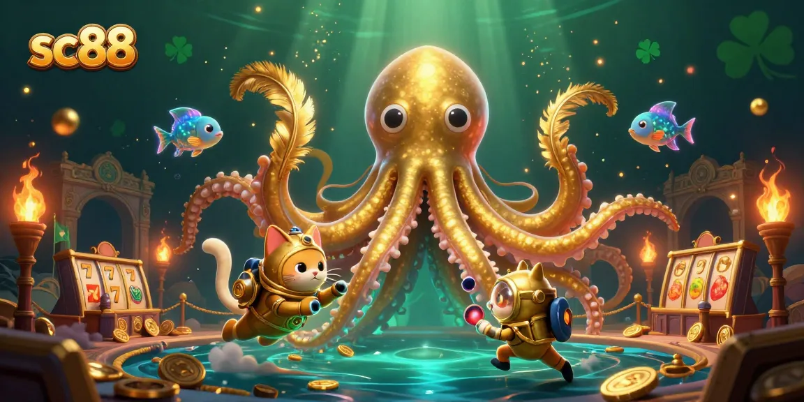Play thrilling slots with sc88 featuring a colossal kraken and vintage diving cat illustration.