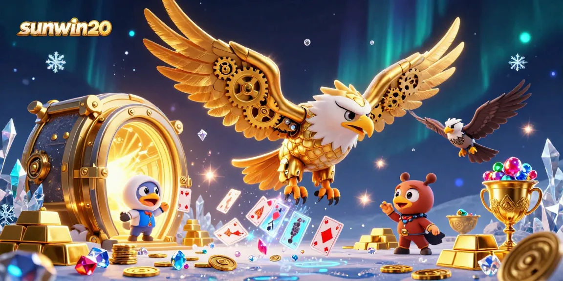 Experience the thrill of sunwin20 with a vivid illustration of winnings amidst golden treasures and holographic cards.