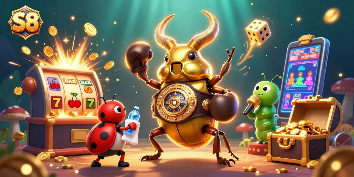S8 slots action scene with a giant golden stag beetle fighting for jackpot glory amidst dynamic casino elements.