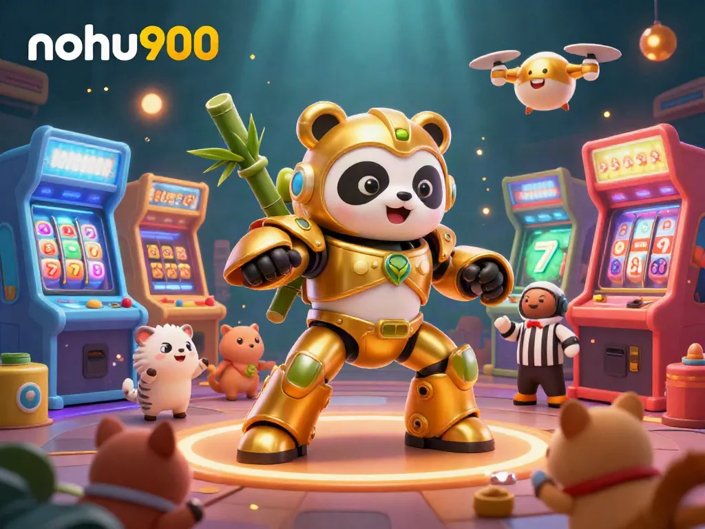 Experience the excitement of nohu900 with a vivid 3D casino scene featuring a golden panda in a robot, surrounded by slot machines.